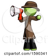 Poster, Art Print Of Green Detective Man Shouting Into Megaphone Bullhorn Facing Left