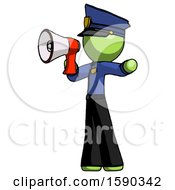 Poster, Art Print Of Green Police Man Shouting Into Megaphone Bullhorn Facing Left