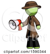 Poster, Art Print Of Green Detective Man Holding Megaphone Bullhorn Facing Right