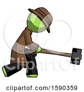 Poster, Art Print Of Green Detective Man Hitting With Sledgehammer Or Smashing Something