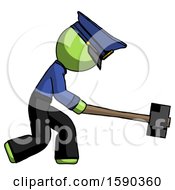 Poster, Art Print Of Green Police Man Hitting With Sledgehammer Or Smashing Something