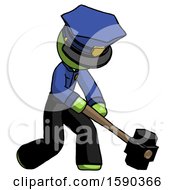 Poster, Art Print Of Green Police Man Hitting With Sledgehammer Or Smashing Something At Angle