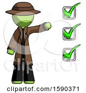 Poster, Art Print Of Green Detective Man Standing By List Of Checkmarks