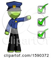 Poster, Art Print Of Green Police Man Standing By List Of Checkmarks