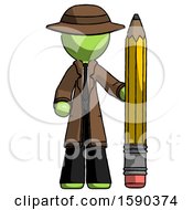 Poster, Art Print Of Green Detective Man With Large Pencil Standing Ready To Write