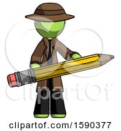Poster, Art Print Of Green Detective Man Writer Or Blogger Holding Large Pencil