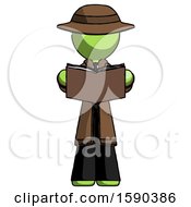 Poster, Art Print Of Green Detective Man Reading Book While Standing Up Facing Viewer