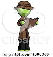 Green Detective Man Reading Book While Standing Up Facing Away