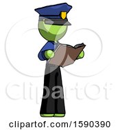 Poster, Art Print Of Green Police Man Reading Book While Standing Up Facing Away
