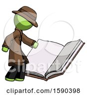 Green Detective Man Reading Big Book While Standing Beside It