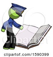 Green Police Man Reading Big Book While Standing Beside It