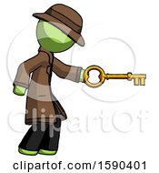 Green Detective Man With Big Key Of Gold Opening Something