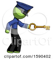 Green Police Man With Big Key Of Gold Opening Something