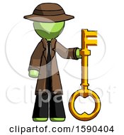 Green Detective Man Holding Key Made Of Gold
