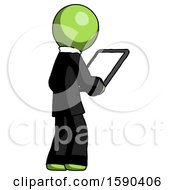 Poster, Art Print Of Green Clergy Man Looking At Tablet Device Computer Facing Away