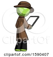 Poster, Art Print Of Green Detective Man Looking At Tablet Device Computer Facing Away