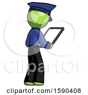 Green Police Man Looking At Tablet Device Computer Facing Away