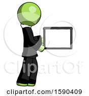 Poster, Art Print Of Green Clergy Man Show Tablet Device Computer To Viewer Blank Area