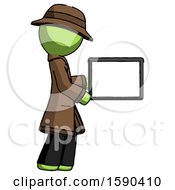 Poster, Art Print Of Green Detective Man Show Tablet Device Computer To Viewer Blank Area