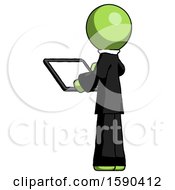 Poster, Art Print Of Green Clergy Man Looking At Tablet Device Computer With Back To Viewer