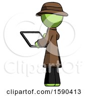 Poster, Art Print Of Green Detective Man Looking At Tablet Device Computer With Back To Viewer