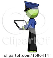Poster, Art Print Of Green Police Man Looking At Tablet Device Computer With Back To Viewer