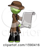 Poster, Art Print Of Green Detective Man Holding Blueprints Or Scroll