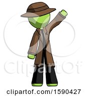 Green Detective Man Waving Emphatically With Left Arm