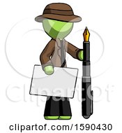 Poster, Art Print Of Green Detective Man Holding Large Envelope And Calligraphy Pen