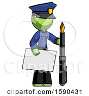 Poster, Art Print Of Green Police Man Holding Large Envelope And Calligraphy Pen