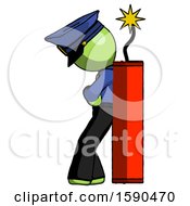 Green Police Man Leaning Against Dynimate Large Stick Ready To Blow