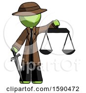 Poster, Art Print Of Green Detective Man Justice Concept With Scales And Sword Justicia Derived