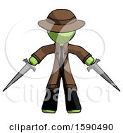 Poster, Art Print Of Green Detective Man Two Sword Defense Pose