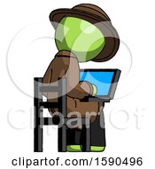 Poster, Art Print Of Green Detective Man Using Laptop Computer While Sitting In Chair View From Back