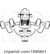 Poster, Art Print Of Cartoon Black And White Male Drill Sergeant Shouting And Working Out With Dumbbells In Boot Camp