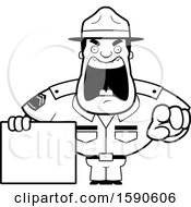 Poster, Art Print Of Cartoon Black And White Male Drill Sergeant Shouting Pointing And Holding A Blank Sign