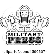 Poster, Art Print Of Cartoon Black And White Male Drill Sergeant Holding Dumbbells And Shouting Over Military Press Text