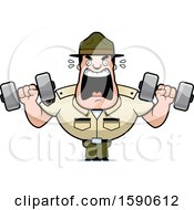Cartoon Male Drill Sergeant Shouting And Working Out With Dumbbells In Boot Camp