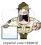 Cartoon Male Drill Sergeant Shouting Pointing And Holding A Blank Sign