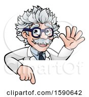 Poster, Art Print Of Cartoon Senior Male Scientist Giving A Waving And Pointing Down Over A Sign