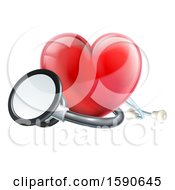 Clipart Of A 3d Medical Stethoscope Around A Red Love Heart Royalty Free Vector Illustration