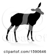 Clipart Of A Silhouetted Black Silhouetted Deer Doe With A Shadow Or Reflection On A White Background Royalty Free Vector Illustration