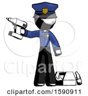 Ink Police Man Holding Drill Ready To Work Toolchest And Tools To Right