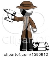 Ink Detective Man Holding Drill Ready To Work Toolchest And Tools To Right