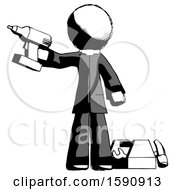 Poster, Art Print Of Ink Clergy Man Holding Drill Ready To Work Toolchest And Tools To Right