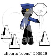 Poster, Art Print Of Ink Police Man Holding Stop Sign By Traffic Cones Under Construction Concept