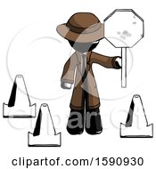 Poster, Art Print Of Ink Detective Man Holding Stop Sign By Traffic Cones Under Construction Concept