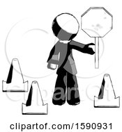 Poster, Art Print Of Ink Clergy Man Holding Stop Sign By Traffic Cones Under Construction Concept
