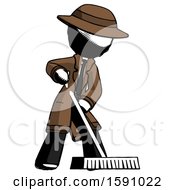 Poster, Art Print Of Ink Detective Man Cleaning Services Janitor Sweeping Floor With Push Broom