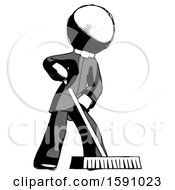 Ink Clergy Man Cleaning Services Janitor Sweeping Floor With Push Broom